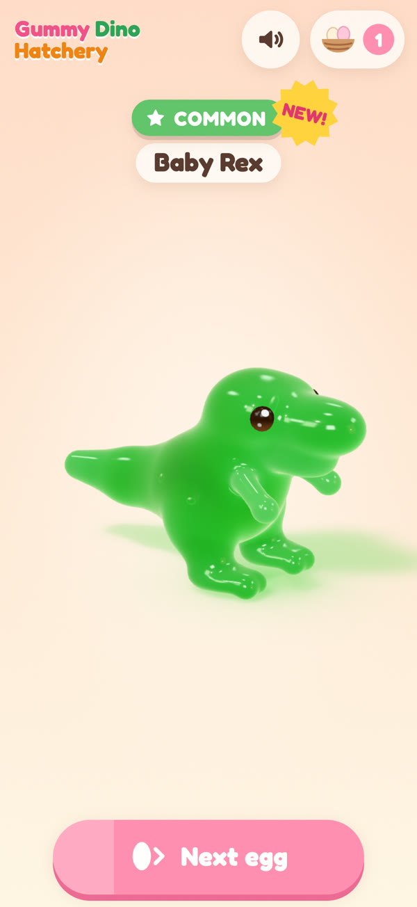 A green gummy dinosaur called Baby Rex has just hatched, with a NEW! sticker