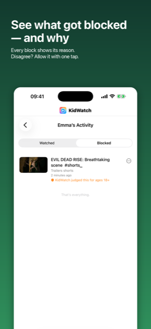 Activity list showing a blocked video and the reason