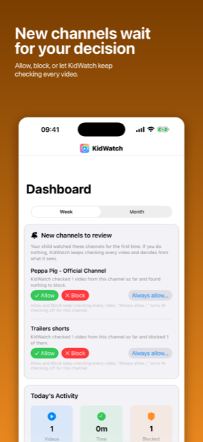 Parent dashboard showing channels
